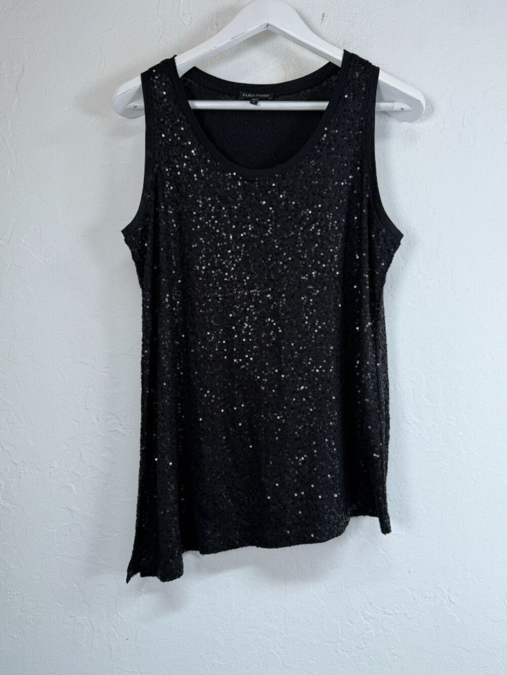 Eileen Fisher Womens Black Sequined Sleeveless Party Evening Top Shirt Medium